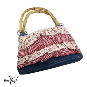 Disney Kids Brand Purse w Bamboo Handles Denim w Gingham Floral Ruffles -Hey Viv